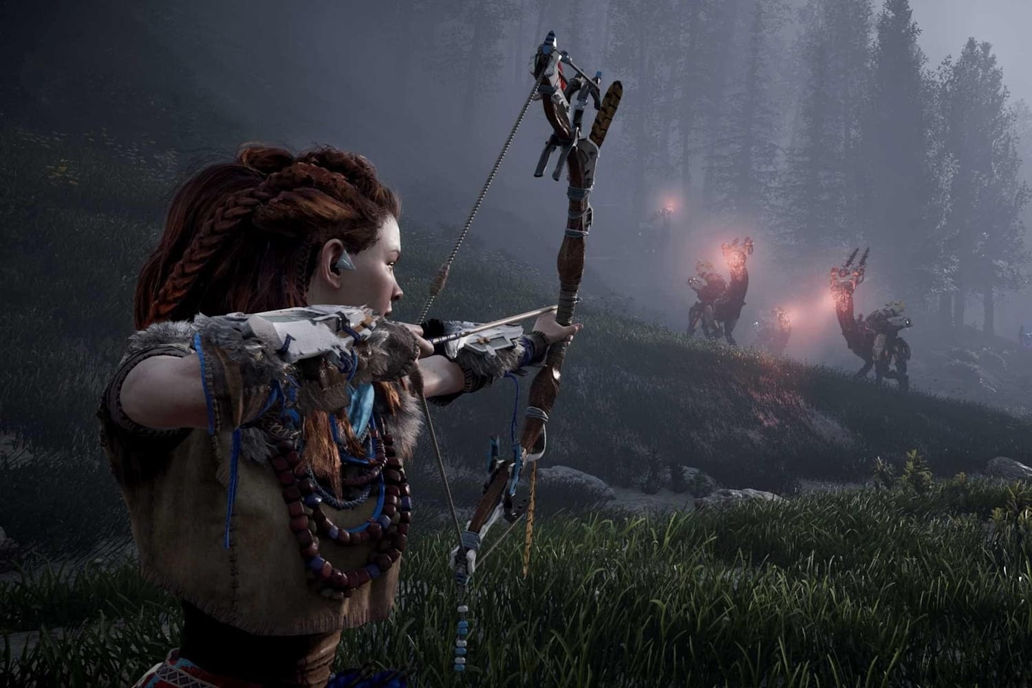 Aloy attacking grazers with a basic bow