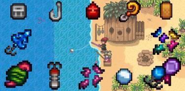A farmer and Birdie are fishing on Ginger Island, surrounded by tackle, bait, and a Pearl.