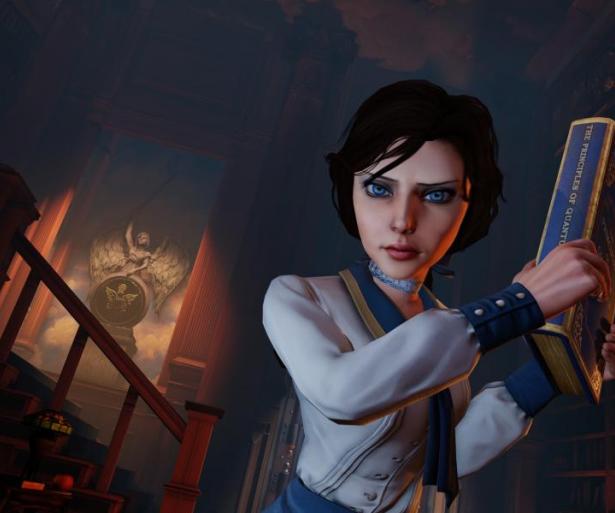 Liz from BioShock Infinite wearing a white and blue uniform. She is holding a blue book and acting aggressively. 
