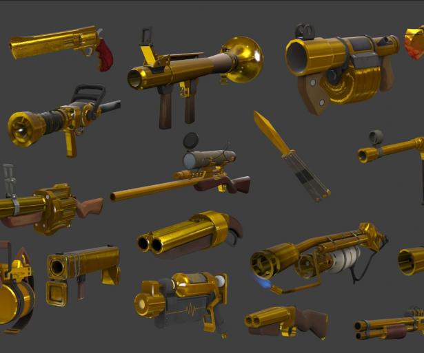 A collection of Australium weapons from Team Fortress 2