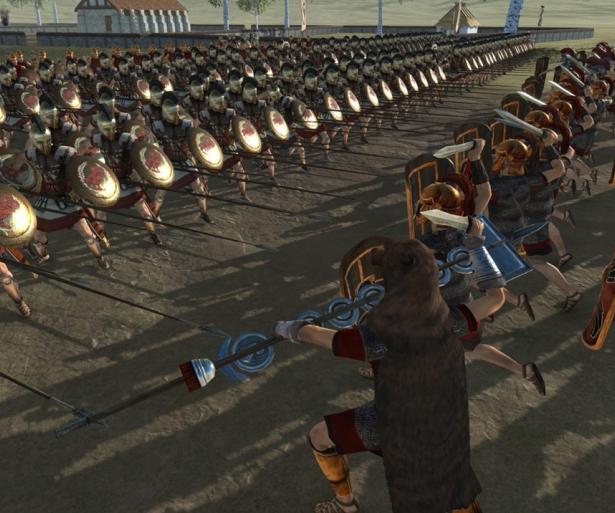 Greek hoplites battling Roman soldiers.