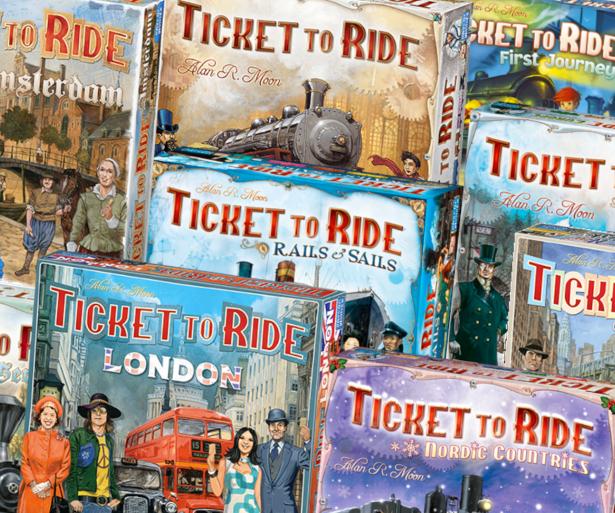 Several Ticket to Ride board game titles.