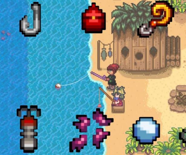 A farmer and Birdie are fishing on Ginger Island, surrounded by tackle, bait, and a Pearl.