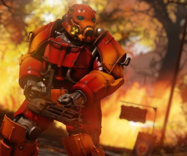 Red power armor against an explosion 