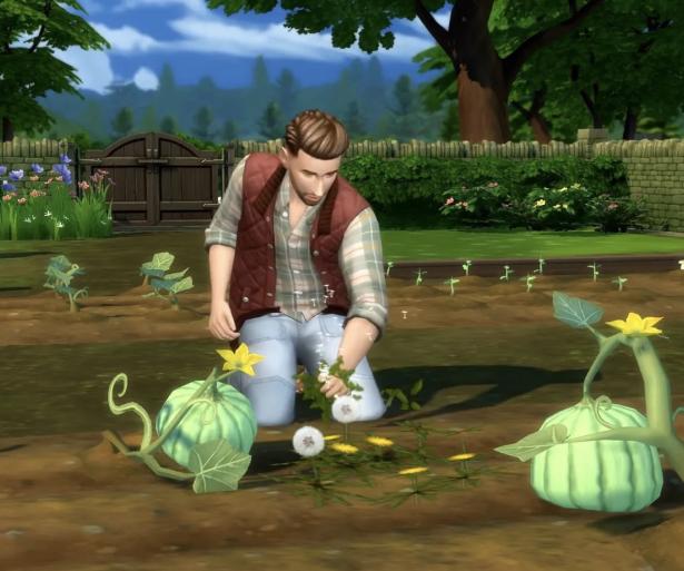 A sim gardening in The Sims 4.