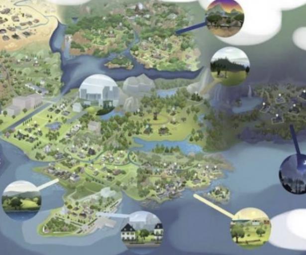 A map of all of the Sims 4 worlds.