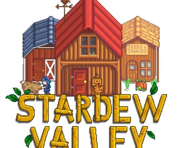 Stardew Valley logo with modded buildings above