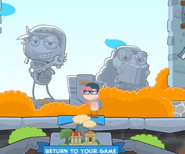 A screenshot from Poptropica's "Home Island", where it features Gentle Dolphin from Poptropica Help Blog, standing in between a shop and their clubhouse.